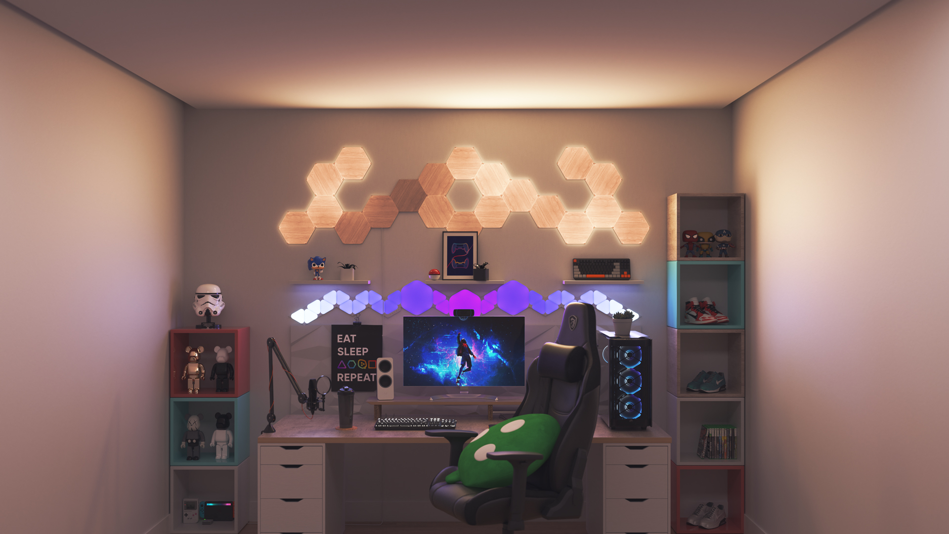 Optez pour le style collectionneurs pour votre espace de jeu avec les panneaux lumineux aspect bois Nanoleaf Elements au-dessus du moniteur de votre ordinateur. Les lumières intelligentes parfaites pour votre maison intelligente.