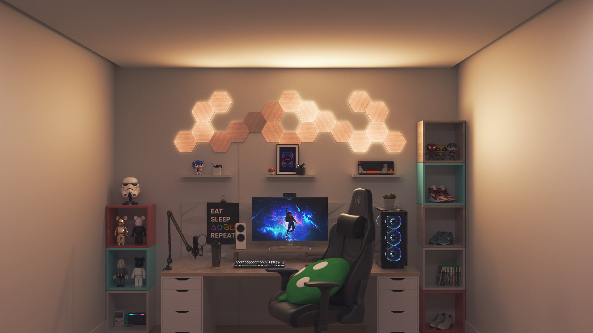 Optez pour le style collectionneurs pour votre espace de jeu avec les panneaux lumineux aspect bois Nanoleaf Elements au-dessus du moniteur de votre ordinateur. Les lumières intelligentes parfaites pour votre maison intelligente.