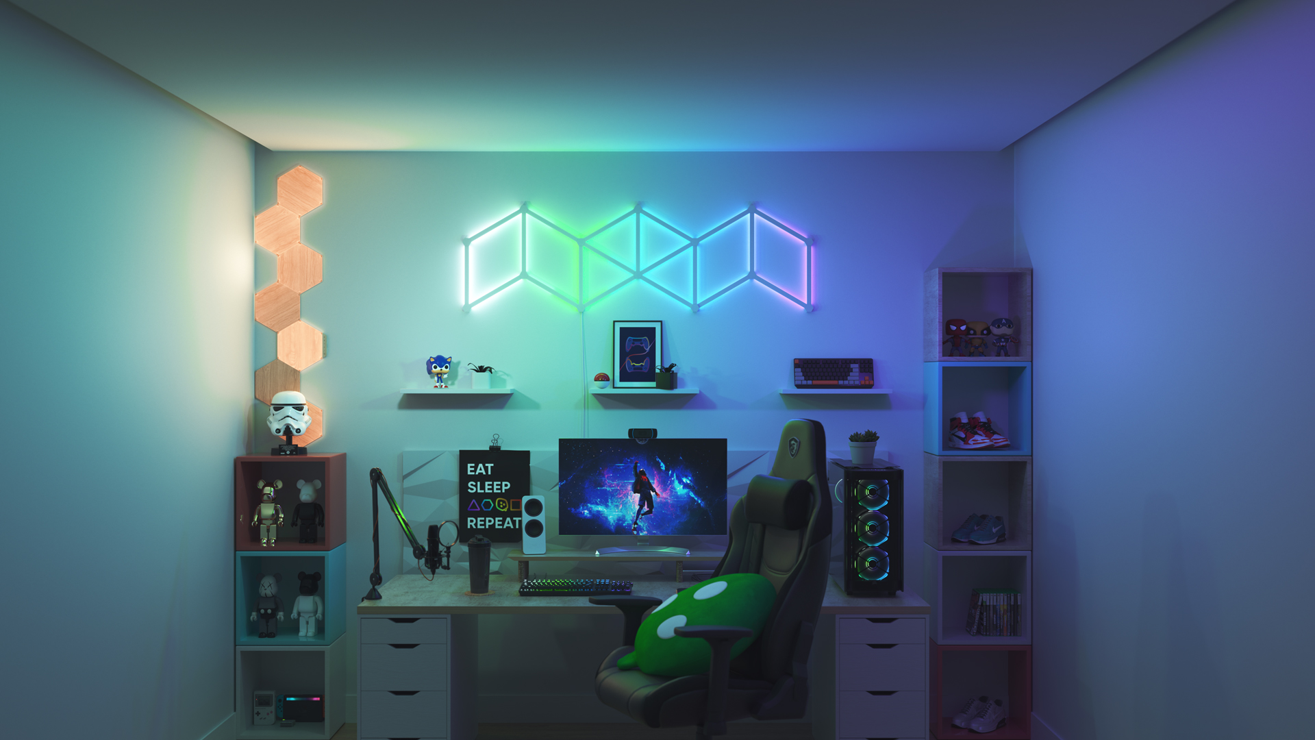 Espace de jeu au style collectionneur avec les panneaux lumineux aspect bois Nanoleaf Shapes Hexagone au-dessus du moniteur de l’ordinateur. Les lumières de jeu parfaites pour les mordus de jeux.