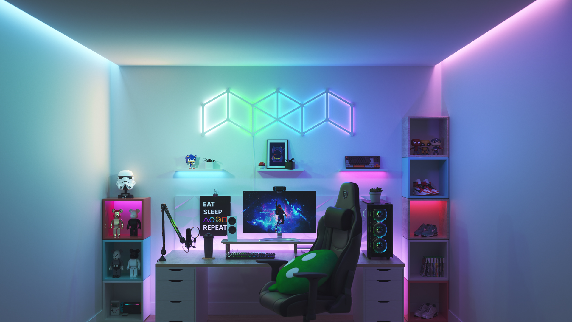 Espace de jeu au style collectionneur avec les panneaux lumineux aspect bois Nanoleaf Shapes Hexagone au-dessus du moniteur de l’ordinateur. Les lumières de jeu parfaites pour les mordus de jeux.