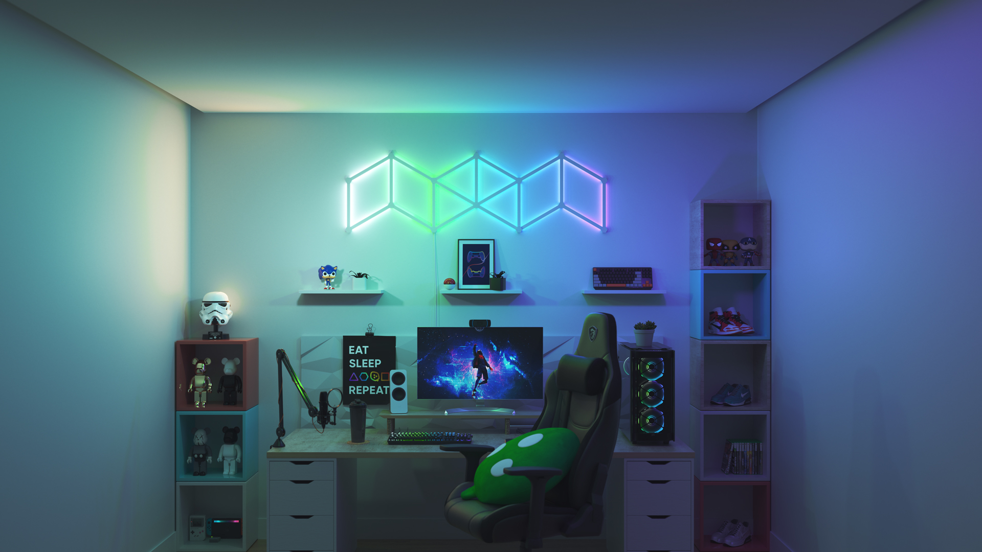 Espace de jeu au style collectionneur avec les panneaux lumineux aspect bois Nanoleaf Shapes Hexagone au-dessus du moniteur de l’ordinateur. Les lumières de jeu parfaites pour les mordus de jeux.