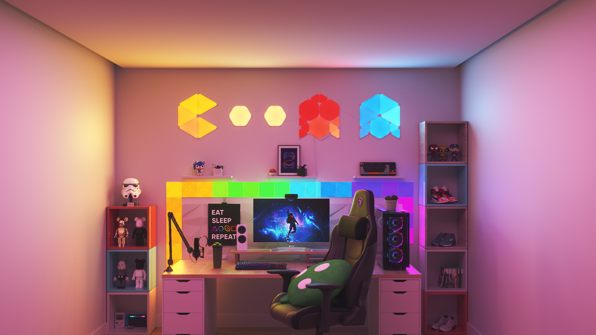 Espace de jeu au style collectionneur avec les panneaux lumineux aspect bois Nanoleaf Shapes au-dessus du moniteur. Les lumières de jeu parfaites pour les jeux sur PC.