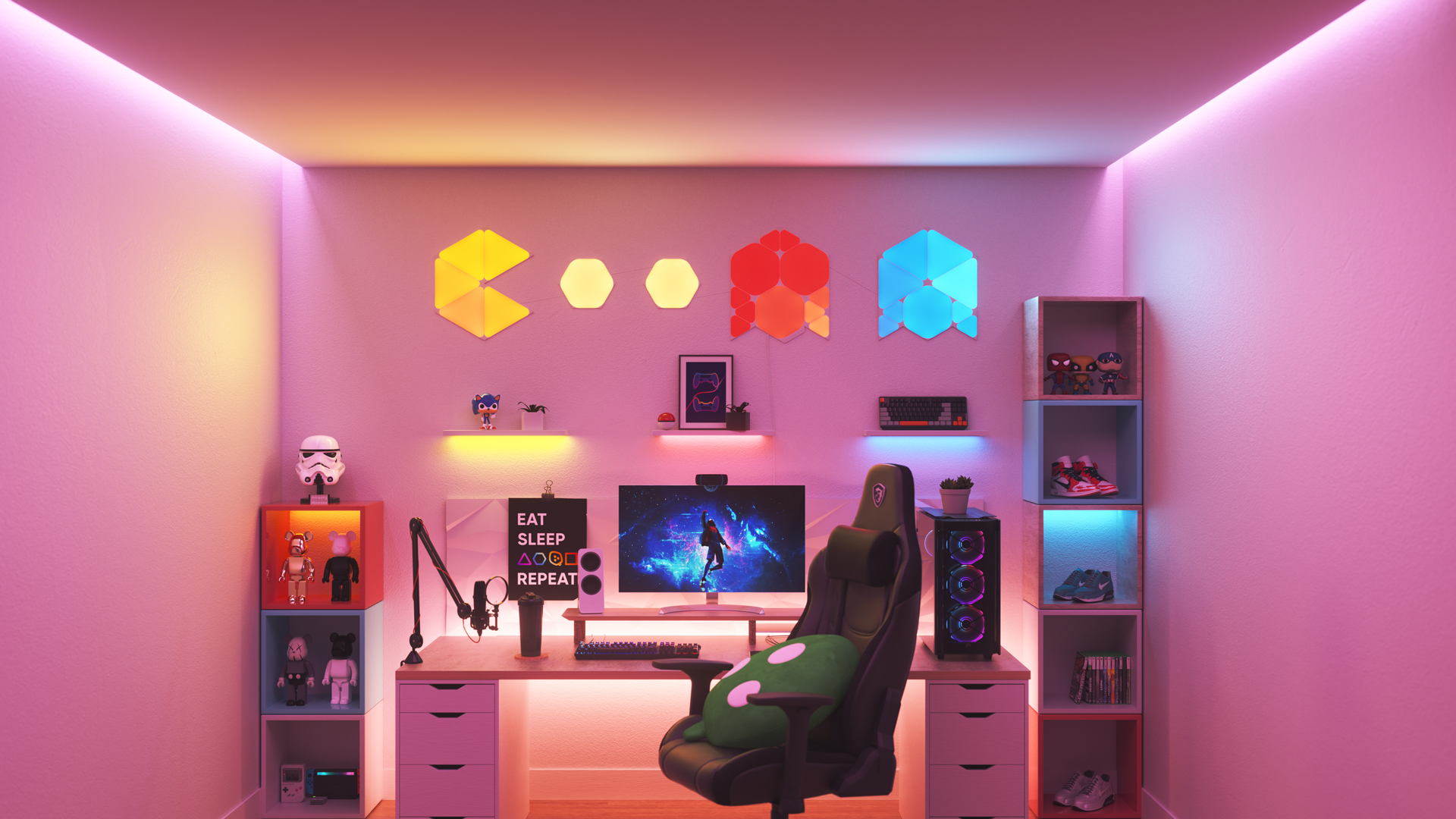 Espace de jeu au style collectionneur avec les panneaux lumineux aspect bois Nanoleaf Shapes au-dessus du moniteur. Les lumières de jeu parfaites pour les jeux sur PC.