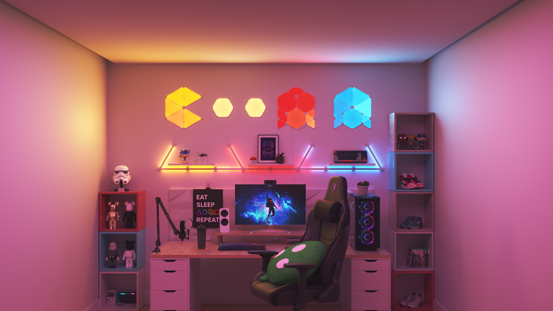 Espace de jeu au style collectionneur avec les panneaux lumineux aspect bois Nanoleaf Shapes au-dessus du moniteur. Les lumières de jeu parfaites pour les jeux sur PC.