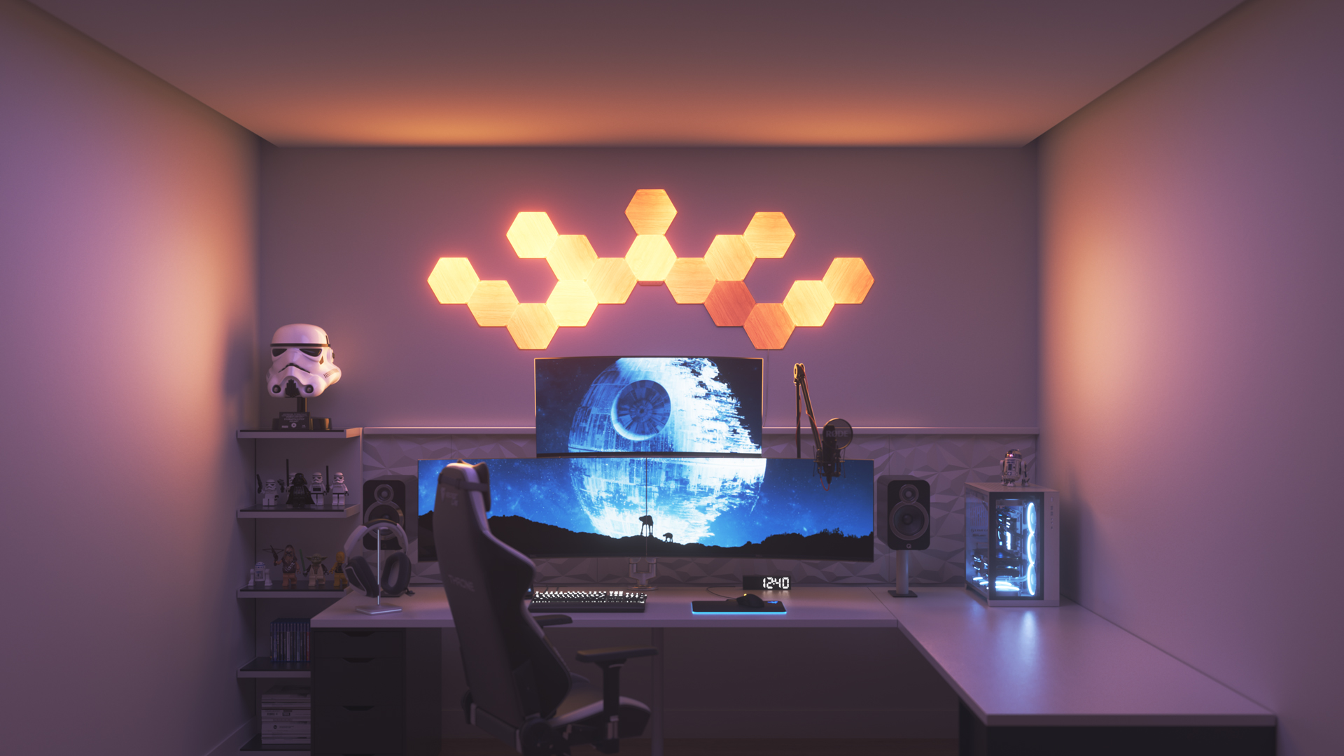 Espace de jeu au style futuriste avec les panneaux lumineux à DEL aspect bois Nanoleaf Elements au-dessus du moniteur de l’ordinateur. Les meilleures lumières intelligentes pour votre maison intelligente.