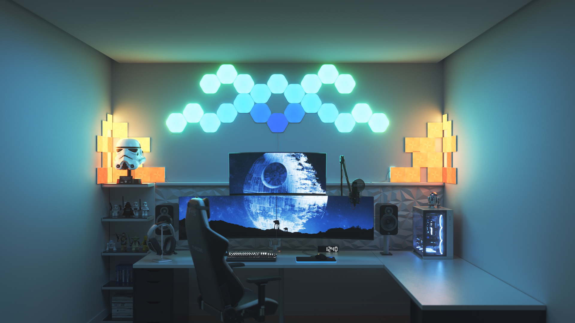 Un espace de jeu au style futuriste avec les panneaux lumineux Nanoleaf Shapes Hexagone RGB intelligents au-dessus de votre moniteur. Les meilleures lumières colorées pour les mordus de jeux.
