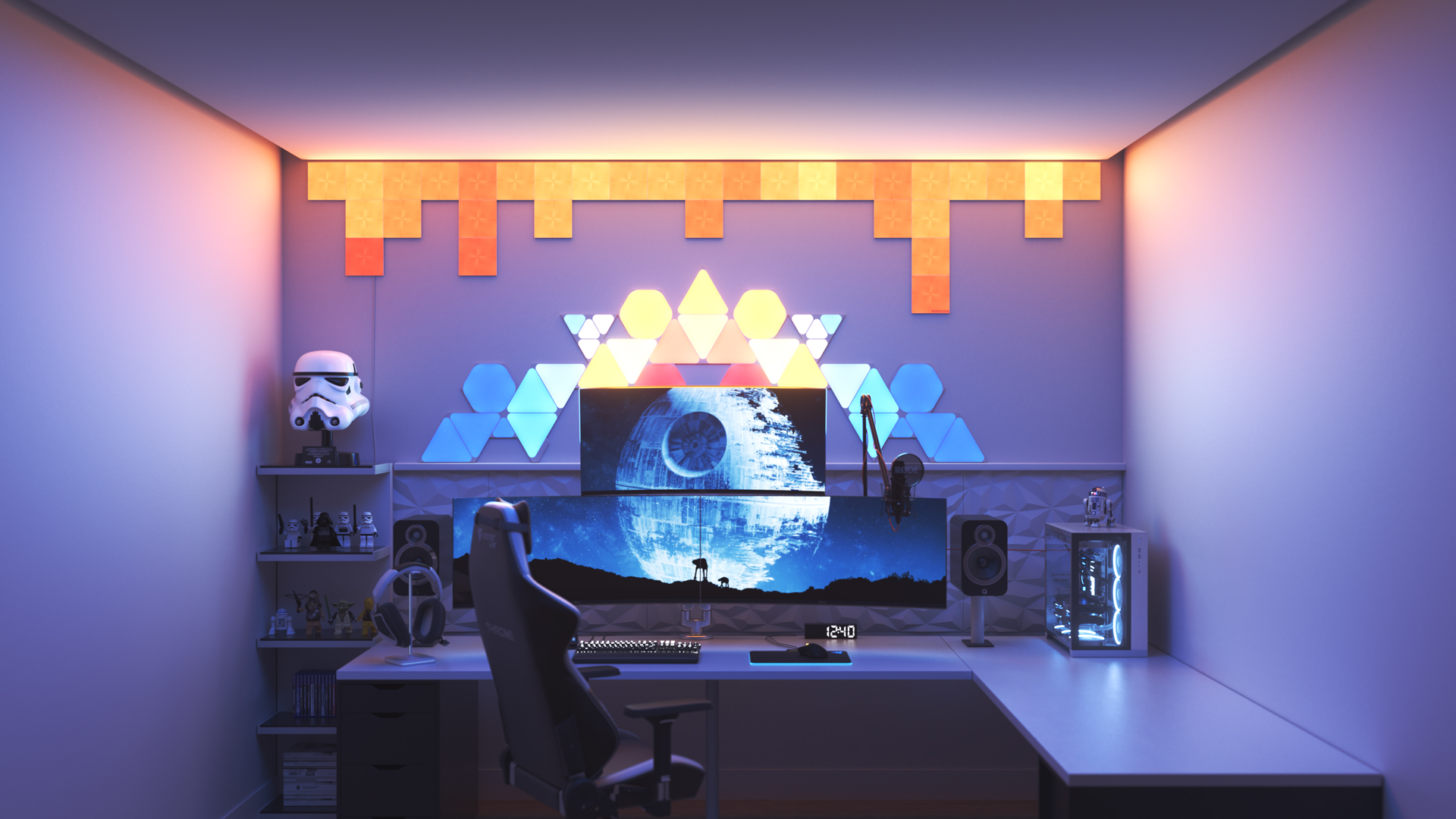 Un espace de jeu au style futuriste avec les panneaux lumineux Nanoleaf Shapes intelligents DEL au-dessus du moniteur. Les meilleurs choix de couleurs de lumières pour vos parties de jeux sur ordinateur.