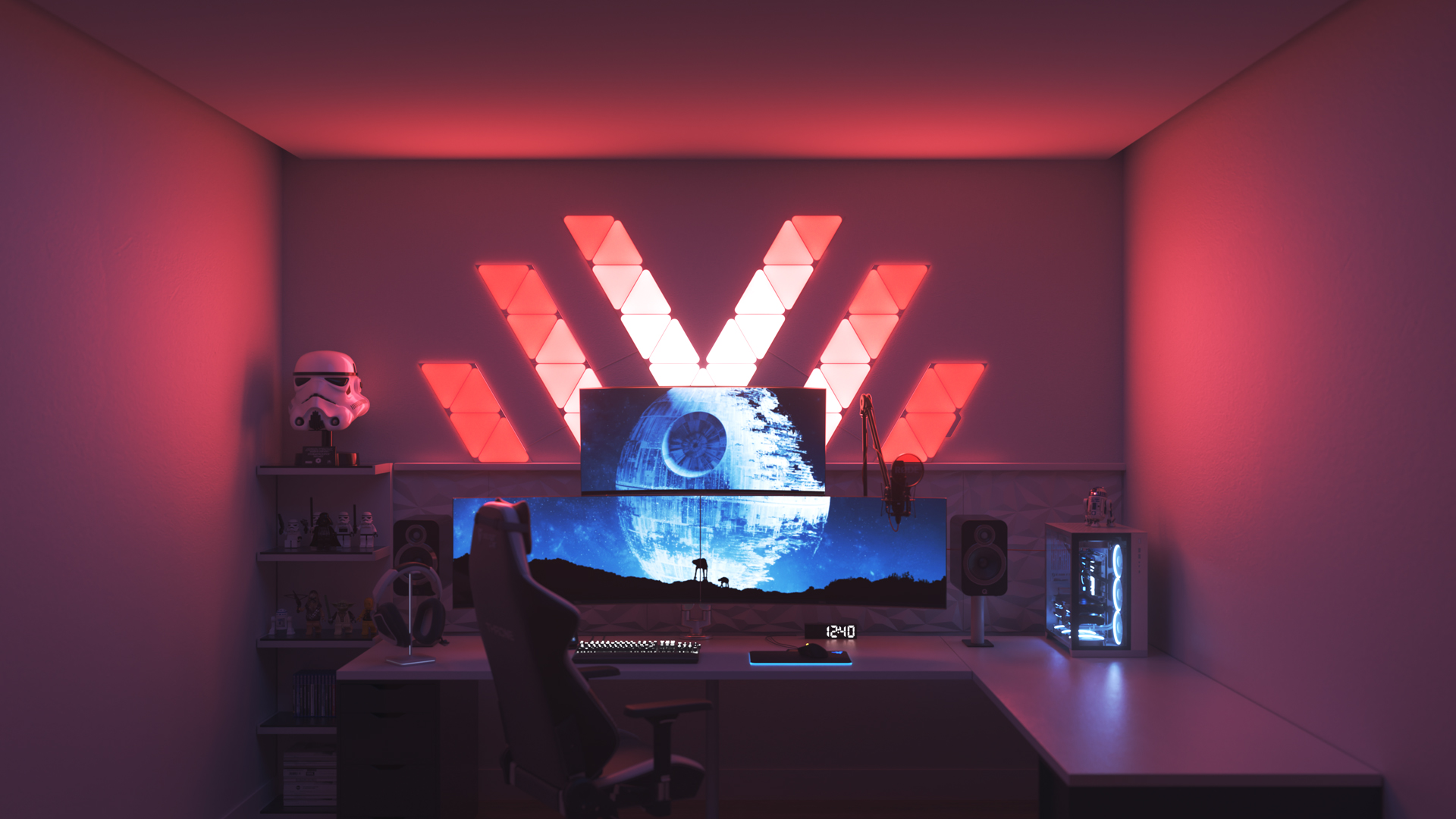 Un espace de jeu au style futuriste avec les panneaux lumineux Nanoleaf Shapes Triangle RGB intelligents au-dessus du moniteur de l’ordinateur. Les meilleures lumières colorées pour les mordus de jeux.