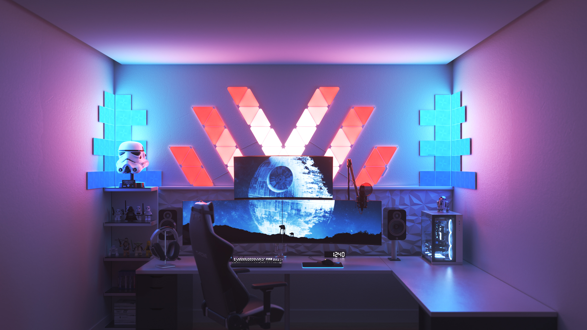 Un espace de jeu au style futuriste avec les panneaux lumineux Nanoleaf Shapes Triangle RGB intelligents au-dessus du moniteur de l’ordinateur. Les meilleures lumières colorées pour les mordus de jeux.