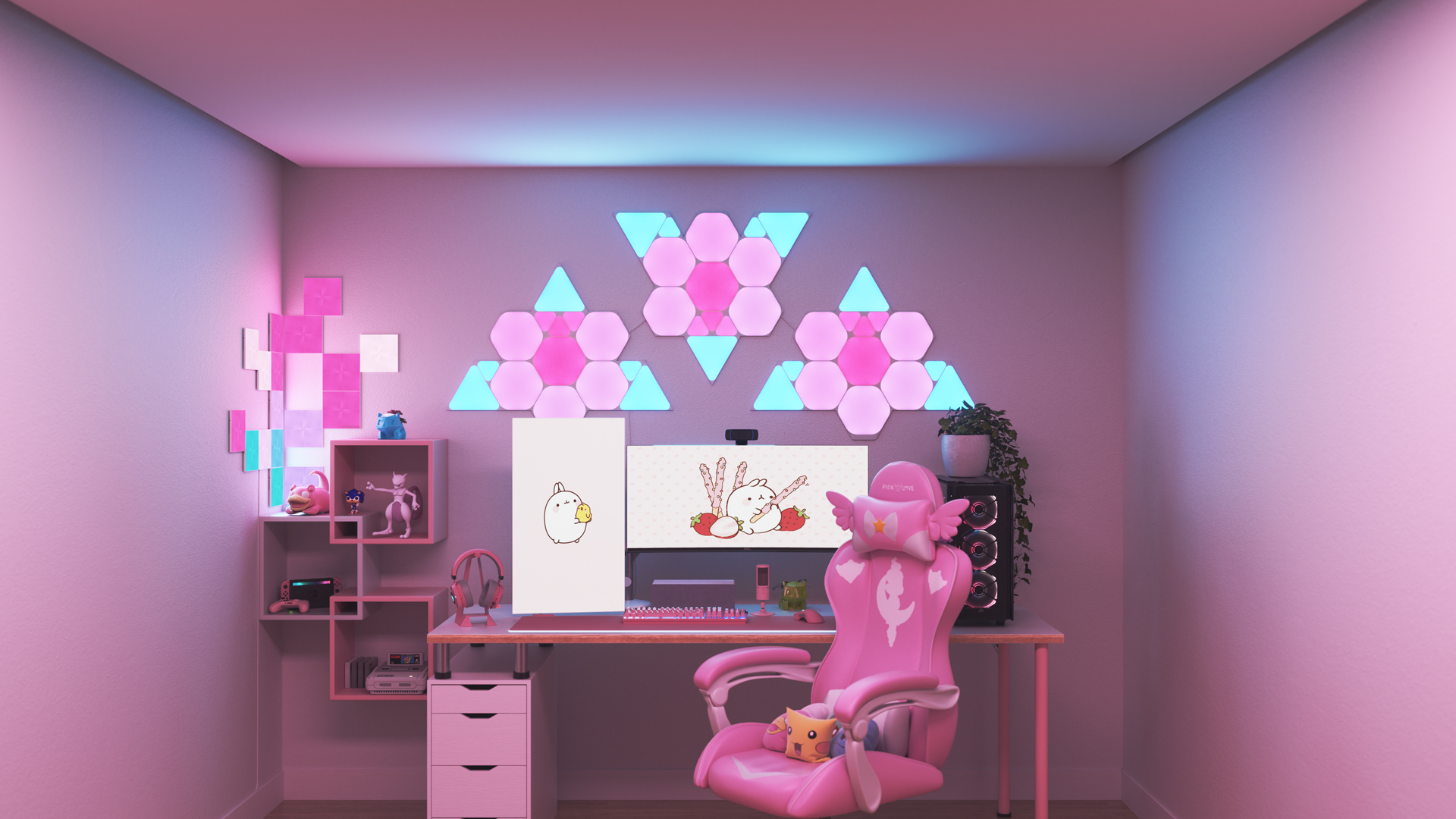 Un espace de jeu au style Kawaii avec les panneaux lumineux Nanoleaf Shapes RGB intelligents au-dessus du moniteur. Les lumières intelligentes parfaites pour compléter l’esthétique du mordu des jeux.