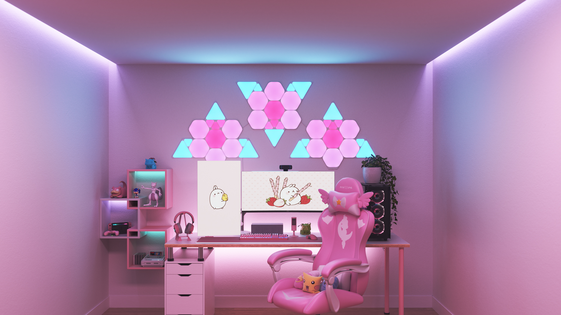 Un espace de jeu au style Kawaii avec les panneaux lumineux Nanoleaf Shapes RGB intelligents au-dessus du moniteur. Les lumières intelligentes parfaites pour compléter l’esthétique du mordu des jeux.
