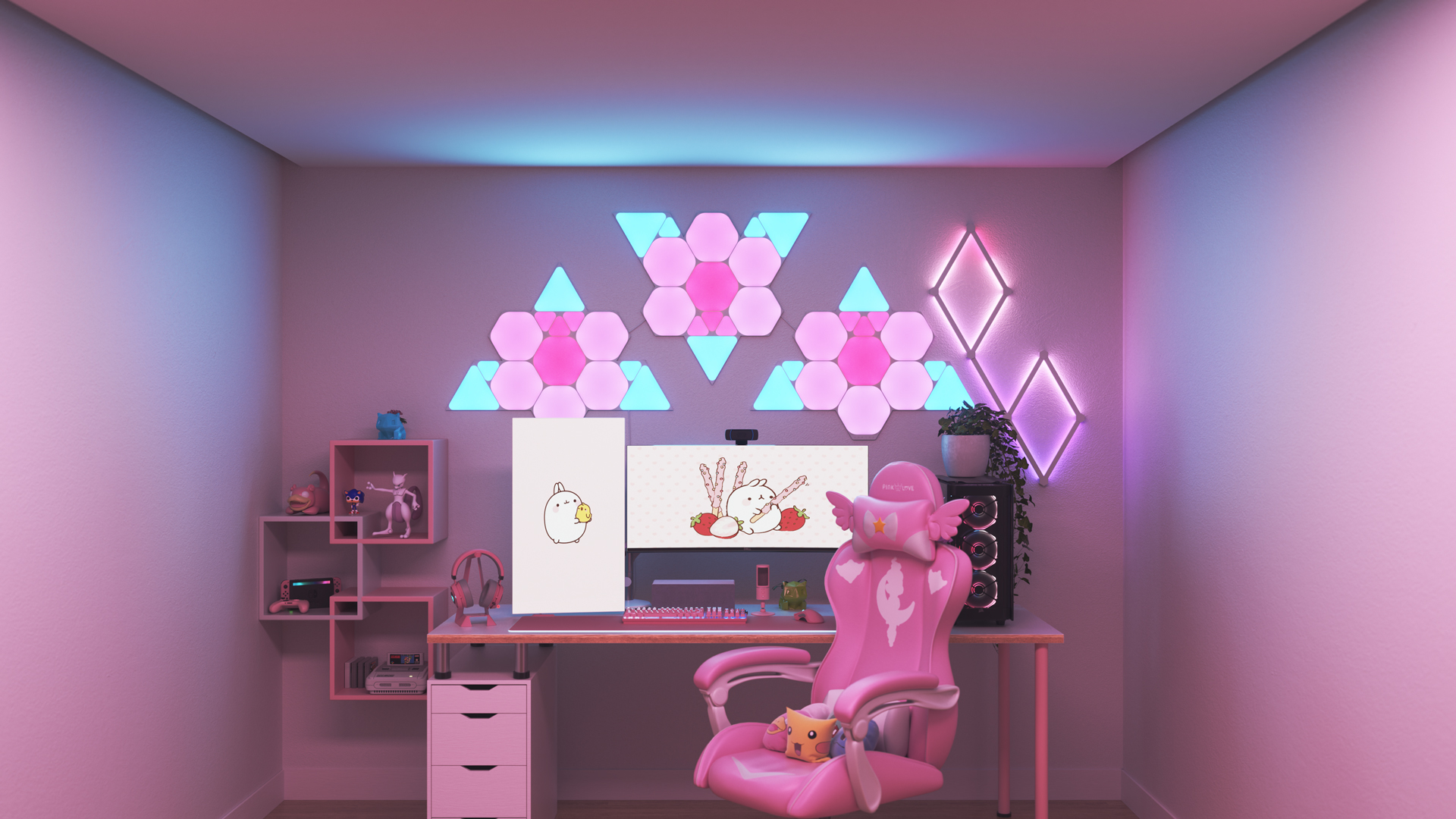 Un espace de jeu au style Kawaii avec les panneaux lumineux Nanoleaf Shapes RGB intelligents au-dessus du moniteur. Les lumières intelligentes parfaites pour compléter l’esthétique du mordu des jeux.