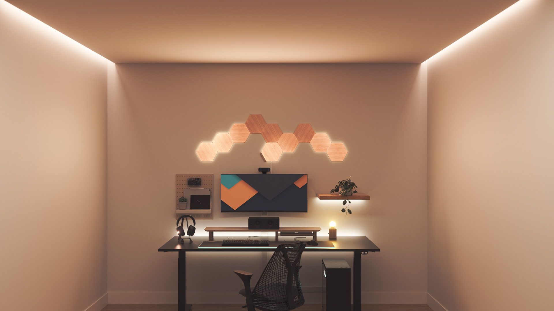 Espace de jeu au style minimaliste avec les panneaux lumineux aspect bois Nanoleaf Elements au-dessus du moniteur de l’ordinateur. Les lumières intelligentes parfaites pour votre maison intelligente.