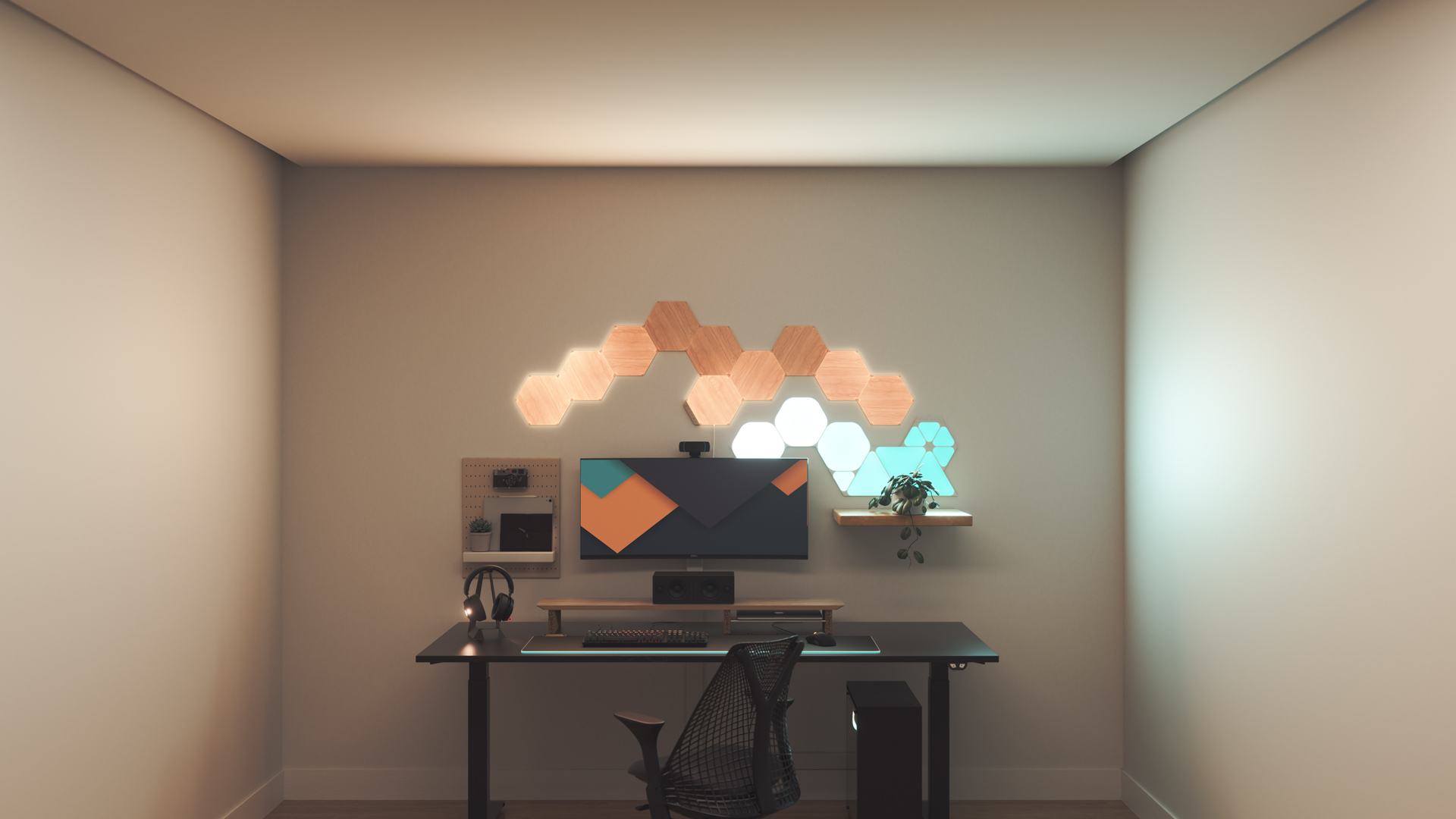 Espace de jeu au style minimaliste avec les panneaux lumineux aspect bois Nanoleaf Elements au-dessus du moniteur de l’ordinateur. Les lumières intelligentes parfaites pour votre maison intelligente.