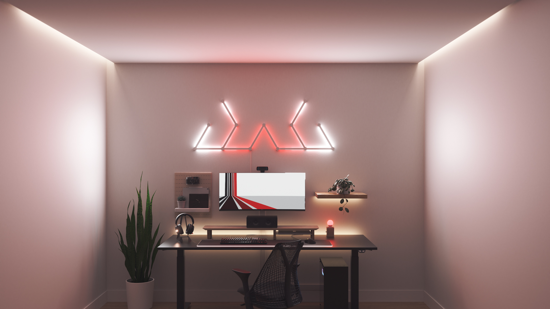Un espace de jeu au style Kawaii avec les barres lumineuses Nanoleaf Lines RGB intelligentes au-dessus du moniteur. Les lumières intelligentes parfaites pour compléter l’esthétique du mordu des jeux.