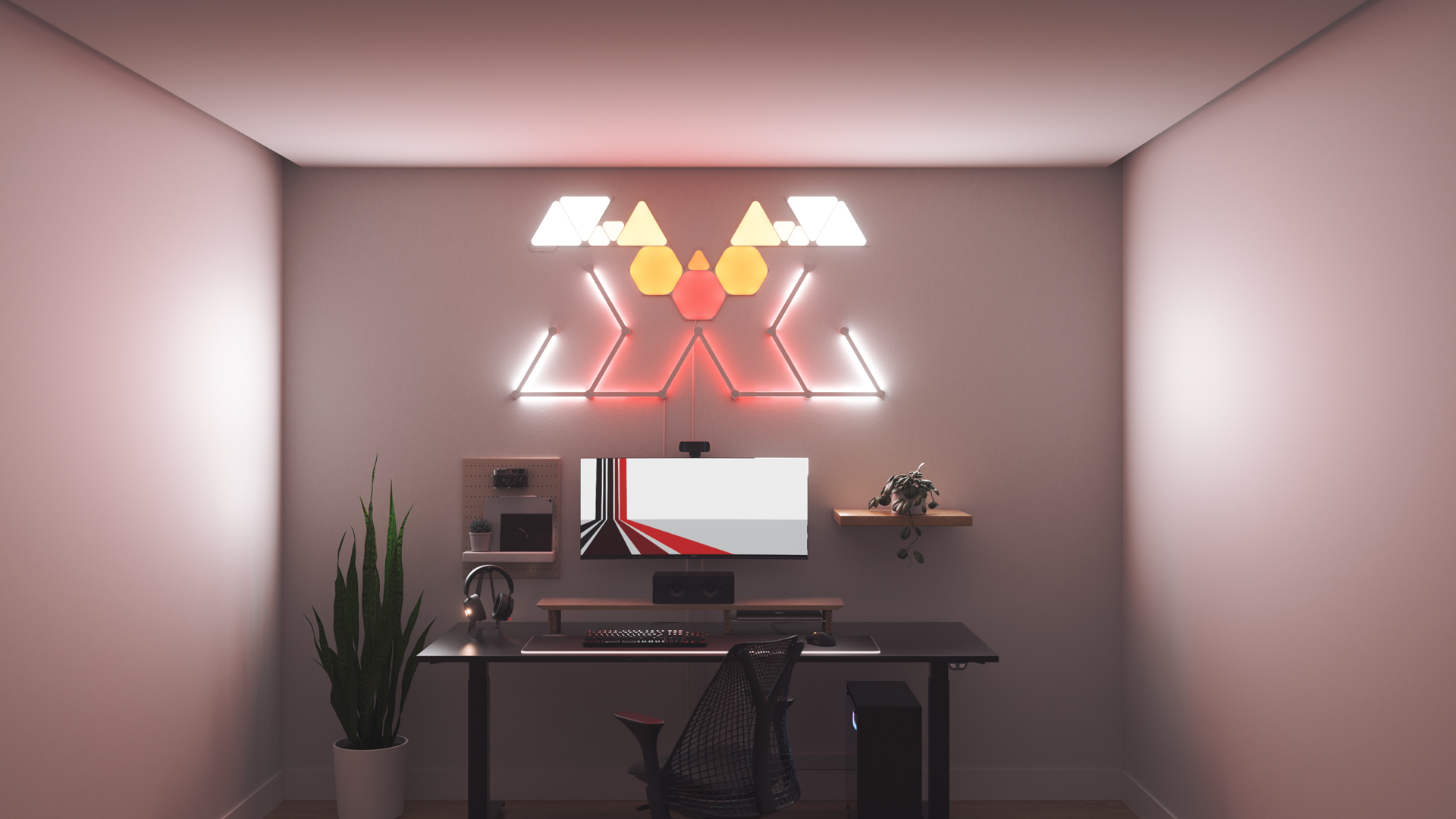 Un espace de jeu au style Kawaii avec les barres lumineuses Nanoleaf Lines RGB intelligentes au-dessus du moniteur. Les lumières intelligentes parfaites pour compléter l’esthétique du mordu des jeux.
