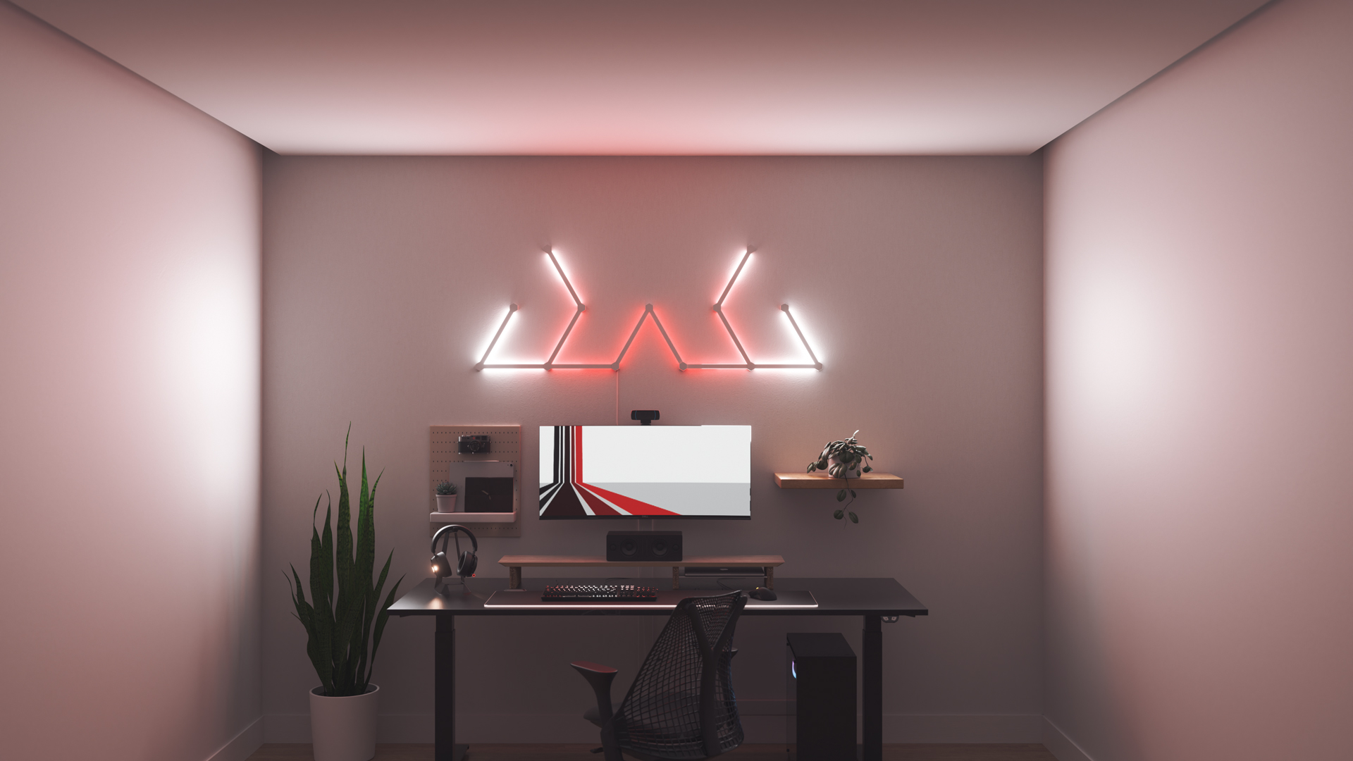 Un espace de jeu au style Kawaii avec les barres lumineuses Nanoleaf Lines RGB intelligentes au-dessus du moniteur. Les lumières intelligentes parfaites pour compléter l’esthétique du mordu des jeux.