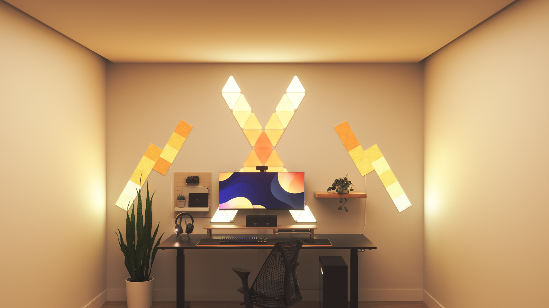 Un espace de jeu au style Kawaii avec les panneaux lumineux Nanoleaf Shapes Triangle RGB intelligents au-dessus du moniteur de l’ordinateur. Les lumières intelligentes parfaites pour compléter l’esthétique du mordu des jeux.