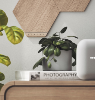 This is a close up image of Nanoleaf Elements Wood Look Hexagons. The smart light panels bring together technology and bespoke lighting for a natural harmony of both worlds. The customizable modular panels are finished with a wood grain veneer and add an elegant and organic feel to your home.