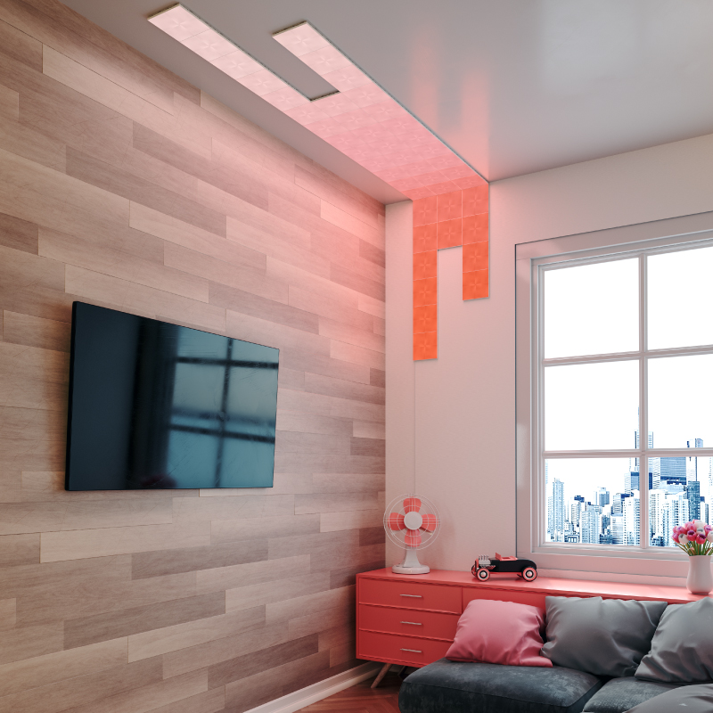 Panneaux lumineux modulaires intelligents Carrés aux couleurs changeantes Nanoleaf Canvas, montés sur un mur et un plafond à l’aide d’une trousse de montage à vis. Produit semblable à Philips Hue, Lifx. HomeKit, Google Assistant, Amazon Alexa, IFTTT.