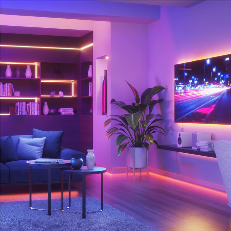 Bande de lumière intelligente aux couleurs changeantes et fil compatible Nanoleaf Essentials, montée sur un mur de salon. Produit semblable à Twinkly, Wyze. HomeKit, Google Assistant, Amazon Alexa, IFTTT.