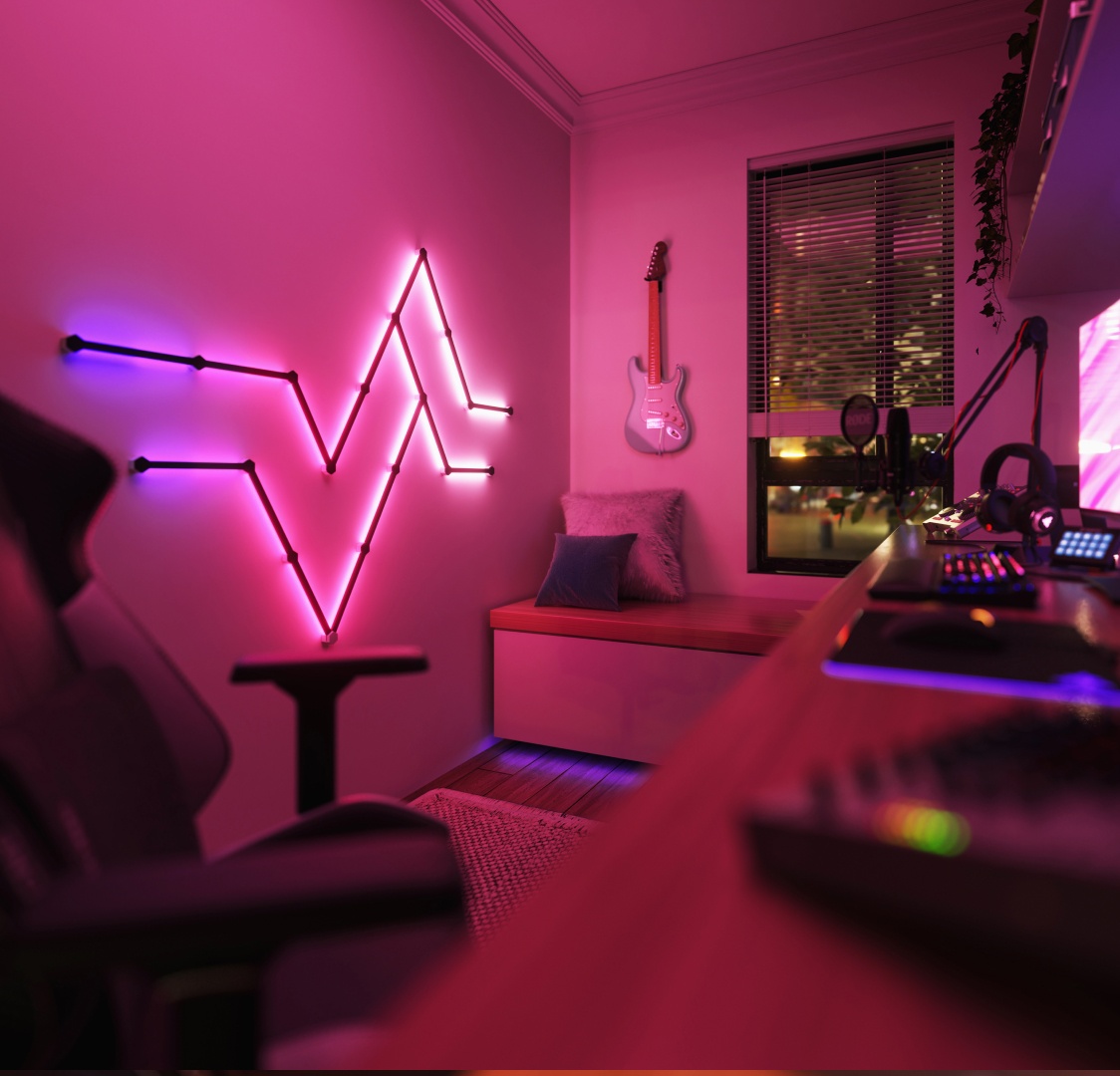 Nanoleaf Black Lines Thread enabled color changing smart modular backlit light lines. 18 pack. Has expansion pack, flex connector, and skins accessories. HomeKit, Google Assistant, Amazon Alexa, IFTTT.