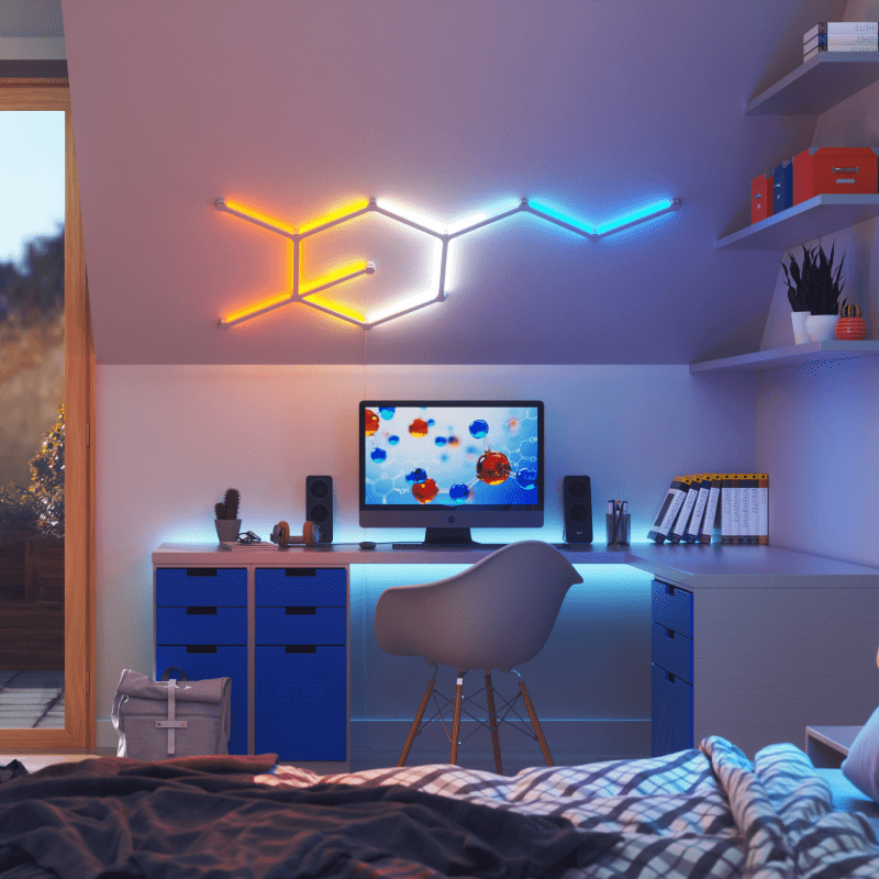 Barres lumineuses modulaires intelligentes rétroéclairées aux couleurs changeantes et fil compatible Nanoleaf Lines, montées sur un mur de chambre à coucher. HomeKit, Google Assistant, Amazon Alexa, IFTTT. 