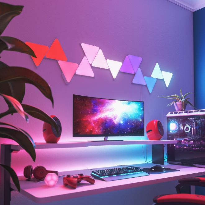 Aménagement d’un bureau dans une chambre à coucher avec des lumières RVB Nanoleaf Lines placées au-dessus du bureau et de l’écran. Les lumières de jeu parfaites pour votre battlestation sur PC.