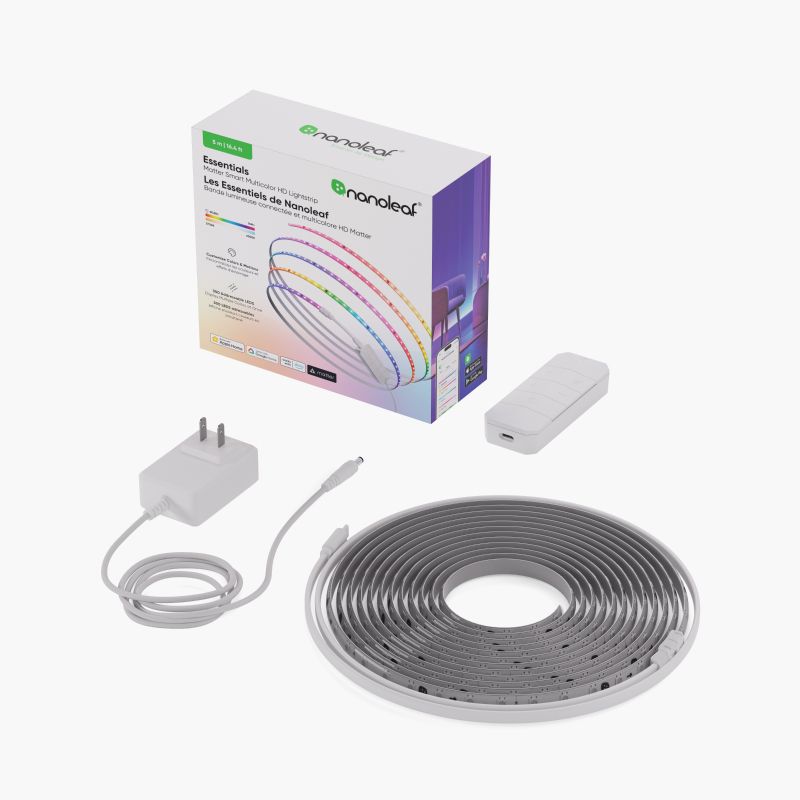 Nanoleaf Smart Multicolored Outdoor String Lights product box with a white background. Beside it, the product is partially displayed, featuring a black cord, two LED bulbs, the outdoor string lights controller, and the power supply unit.